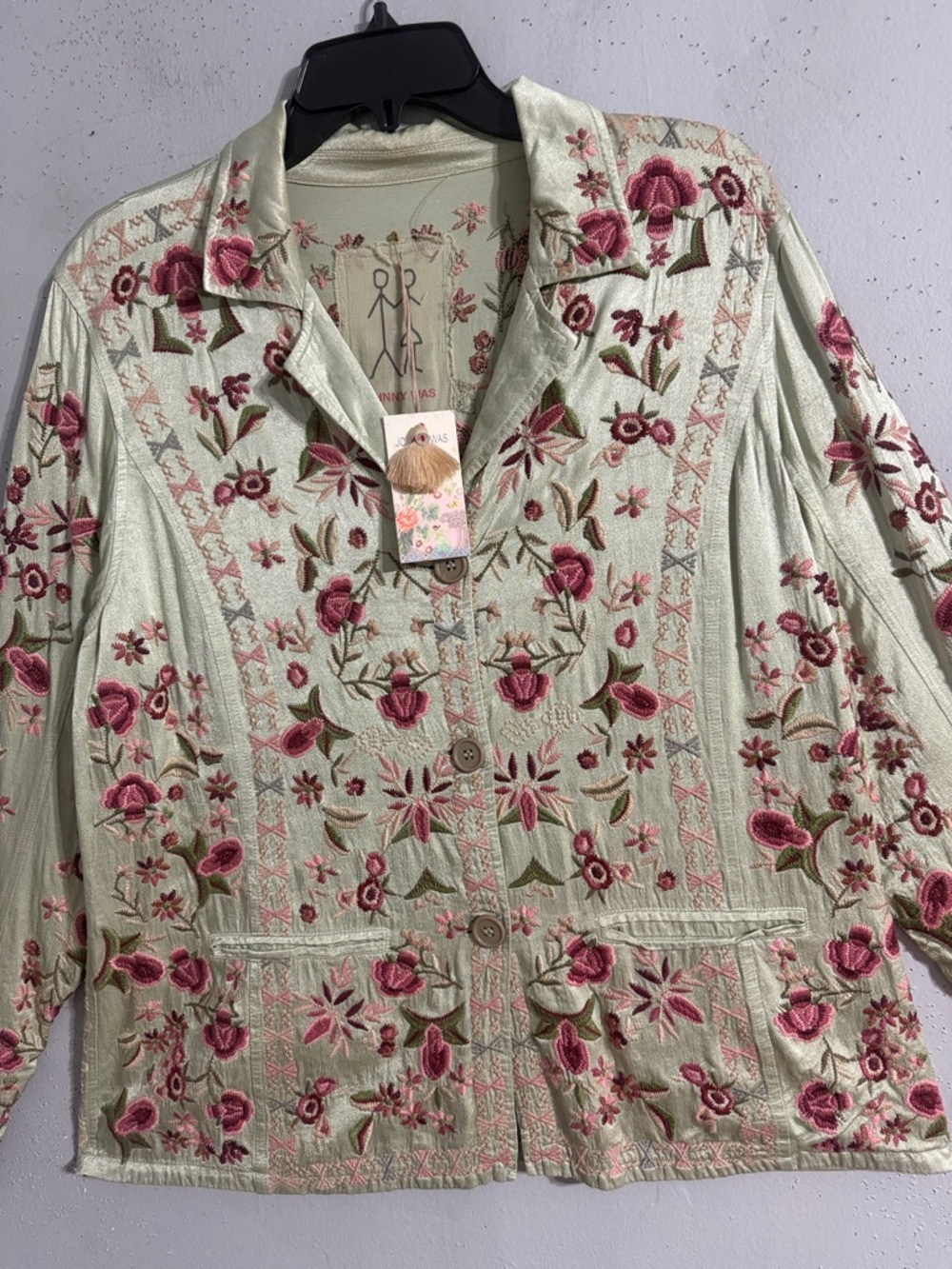 NWT Embroidered Floral Button-FrontTop Jacket - Light Sage with Pink Roses